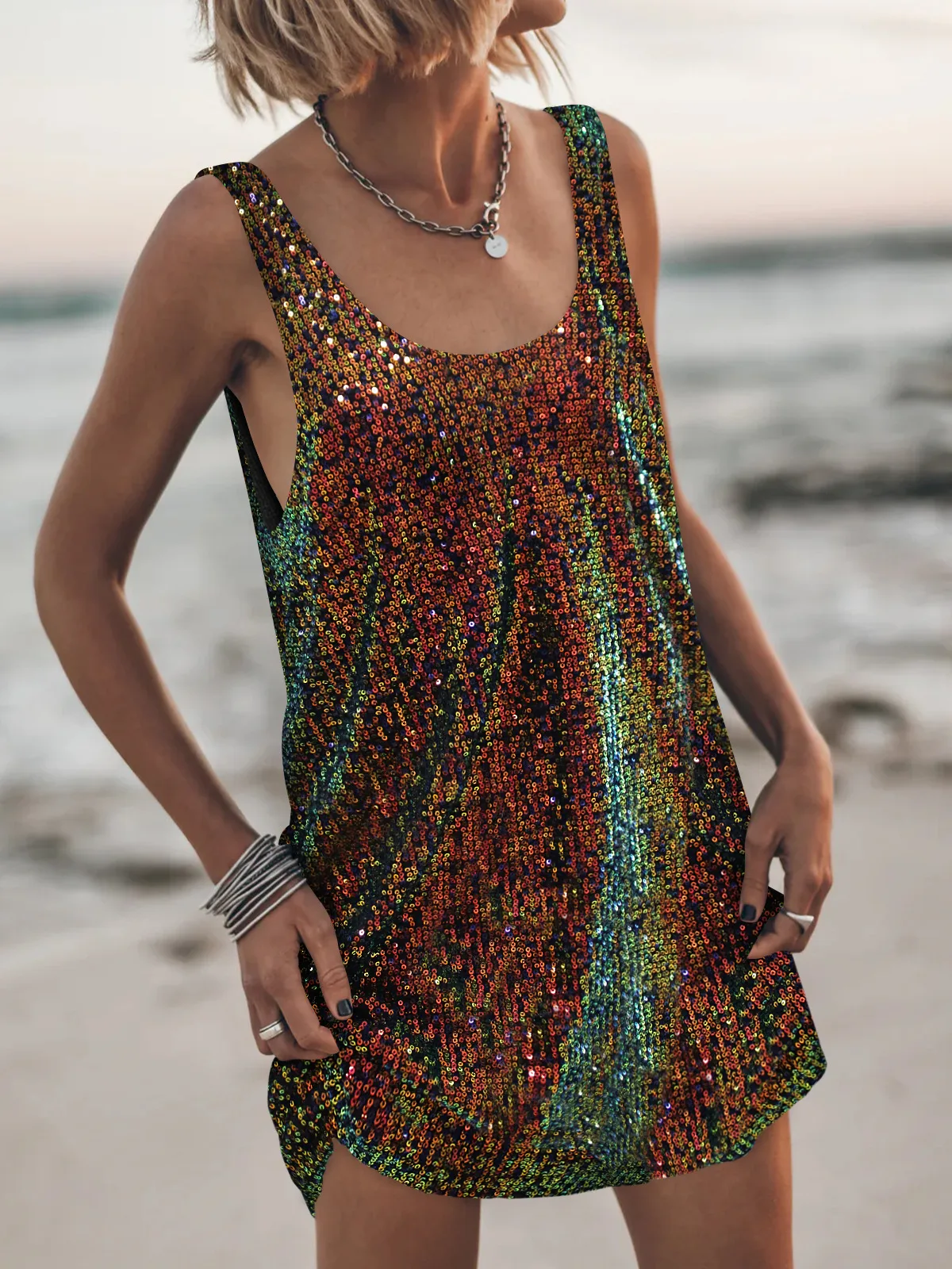 U-collar Sleeveless Loose Backless New Vest Dress Casual Sequins Sexy Suspenders Dress Women's Clothing display picture 9