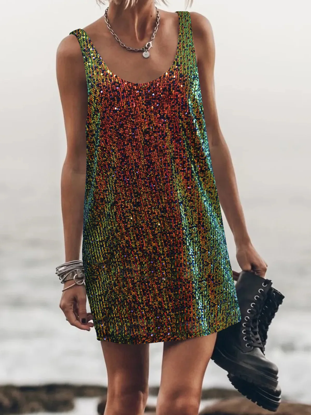 U-collar Sleeveless Loose Backless New Vest Dress Casual Sequins Sexy Suspenders Dress Women's Clothing display picture 11