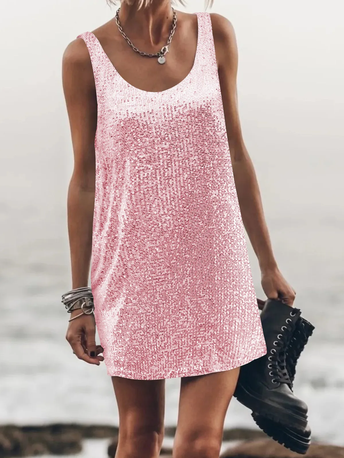 U-collar Sleeveless Loose Backless New Vest Dress Casual Sequins Sexy Suspenders Dress Women's Clothing display picture 21