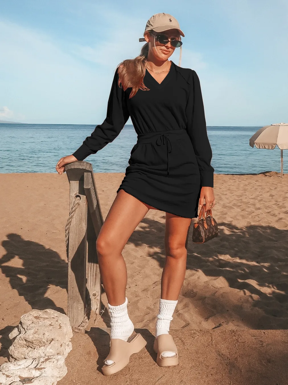 Wish Explosions Autumn And Winter Joker Solid Color V-Neck Pocket Fashion Dress Elegant Simple Hot Women's Clothing display picture 34