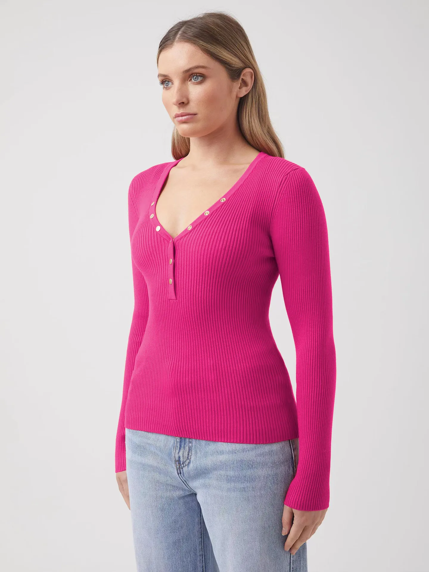 Wish Hot Selling Foreign Trade Y2K Autumn And Winter Women's V-Neck Long Sleeve  Style Threaded Button Solid Color Bm Top display picture 3