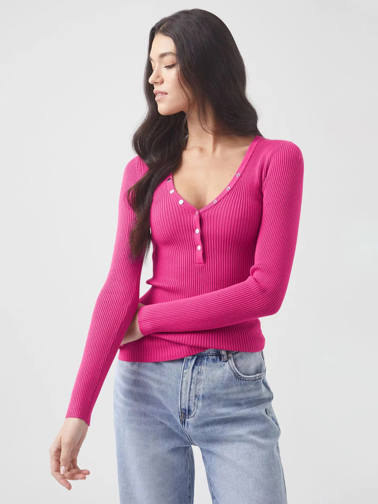 Wish Hot Selling Foreign Trade Y2K Autumn And Winter Women's V-Neck Long Sleeve  Style Threaded Button Solid Color Bm Top display picture 4