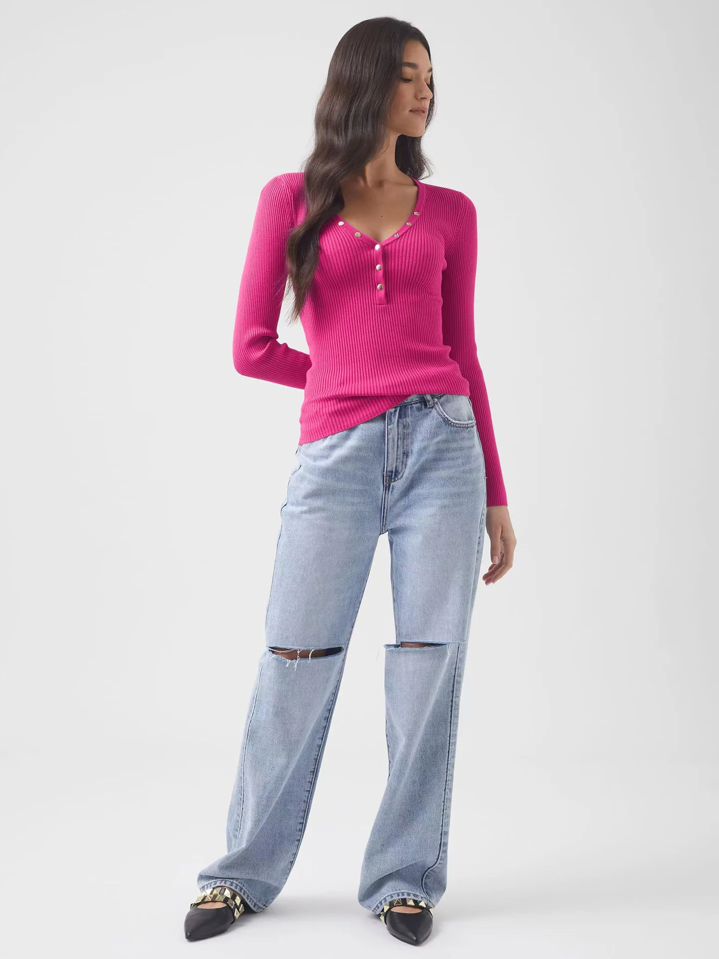 Wish Hot Selling Foreign Trade Y2K Autumn And Winter Women's V-Neck Long Sleeve  Style Threaded Button Solid Color Bm Top display picture 5
