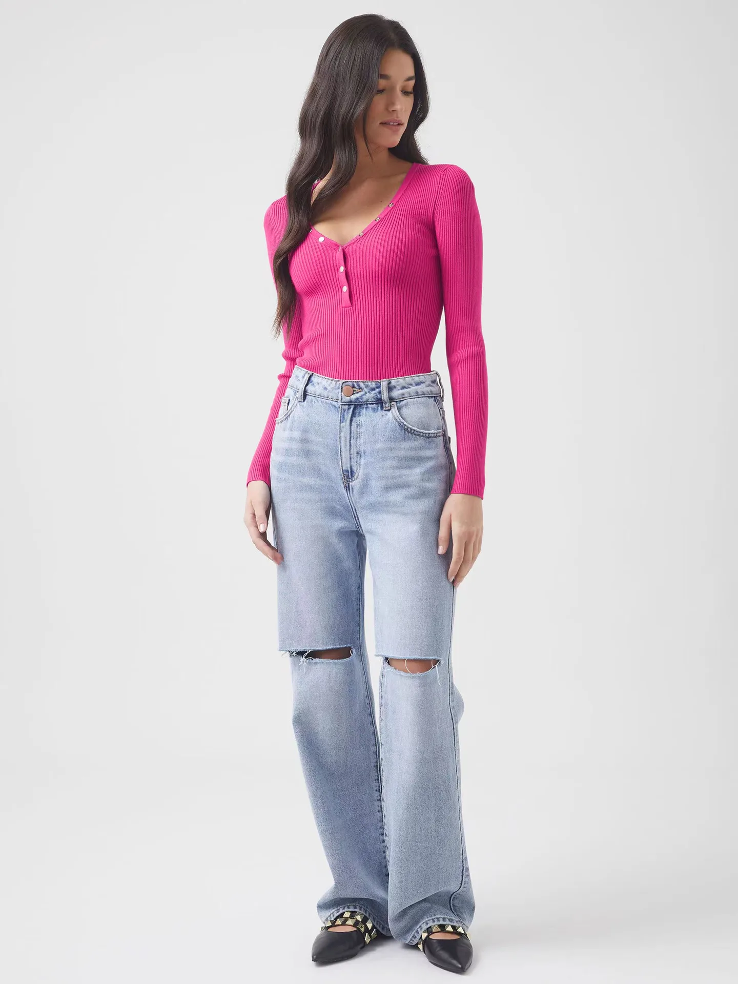 Wish Hot Selling Foreign Trade Y2K Autumn And Winter Women's V-Neck Long Sleeve  Style Threaded Button Solid Color Bm Top display picture 6