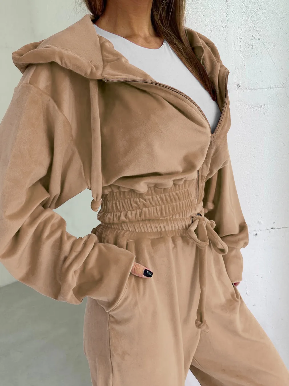 Silver Fox Velvet Hooded Sweater Suit  Autumn And Winter Fashion Waist Short Coat Pants Two-piece Set display picture 3