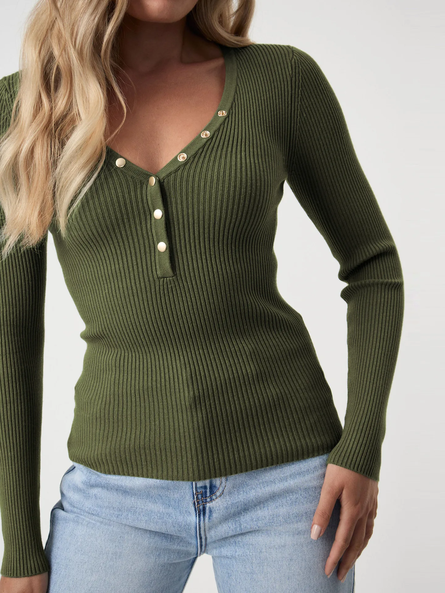 Wish Hot Selling Foreign Trade Y2K Autumn And Winter Women's V-Neck Long Sleeve  Style Threaded Button Solid Color Bm Top display picture 13