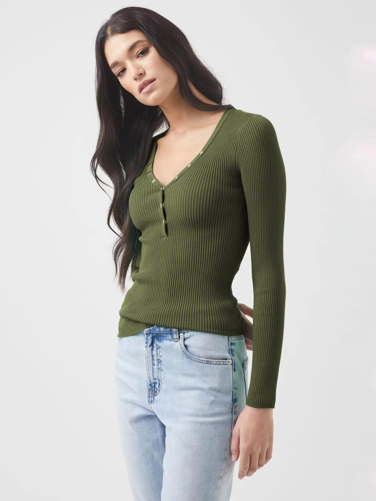 Wish Hot Selling Foreign Trade Y2K Autumn And Winter Women's V-Neck Long Sleeve  Style Threaded Button Solid Color Bm Top display picture 14