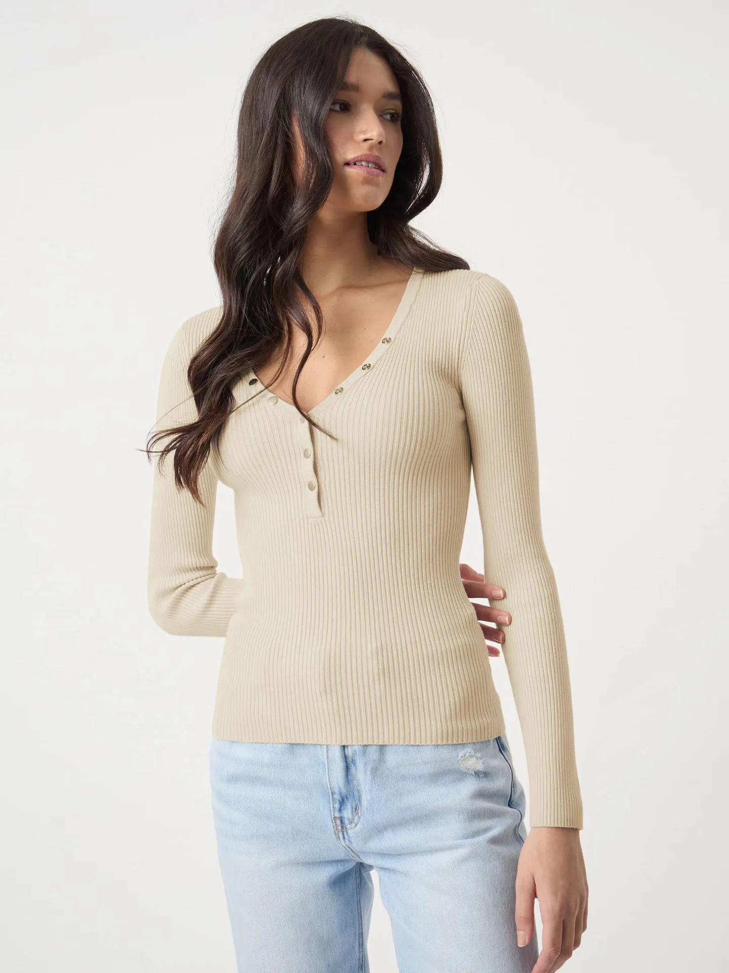 Wish Hot Selling Foreign Trade Y2K Autumn And Winter Women's V-Neck Long Sleeve  Style Threaded Button Solid Color Bm Top display picture 18