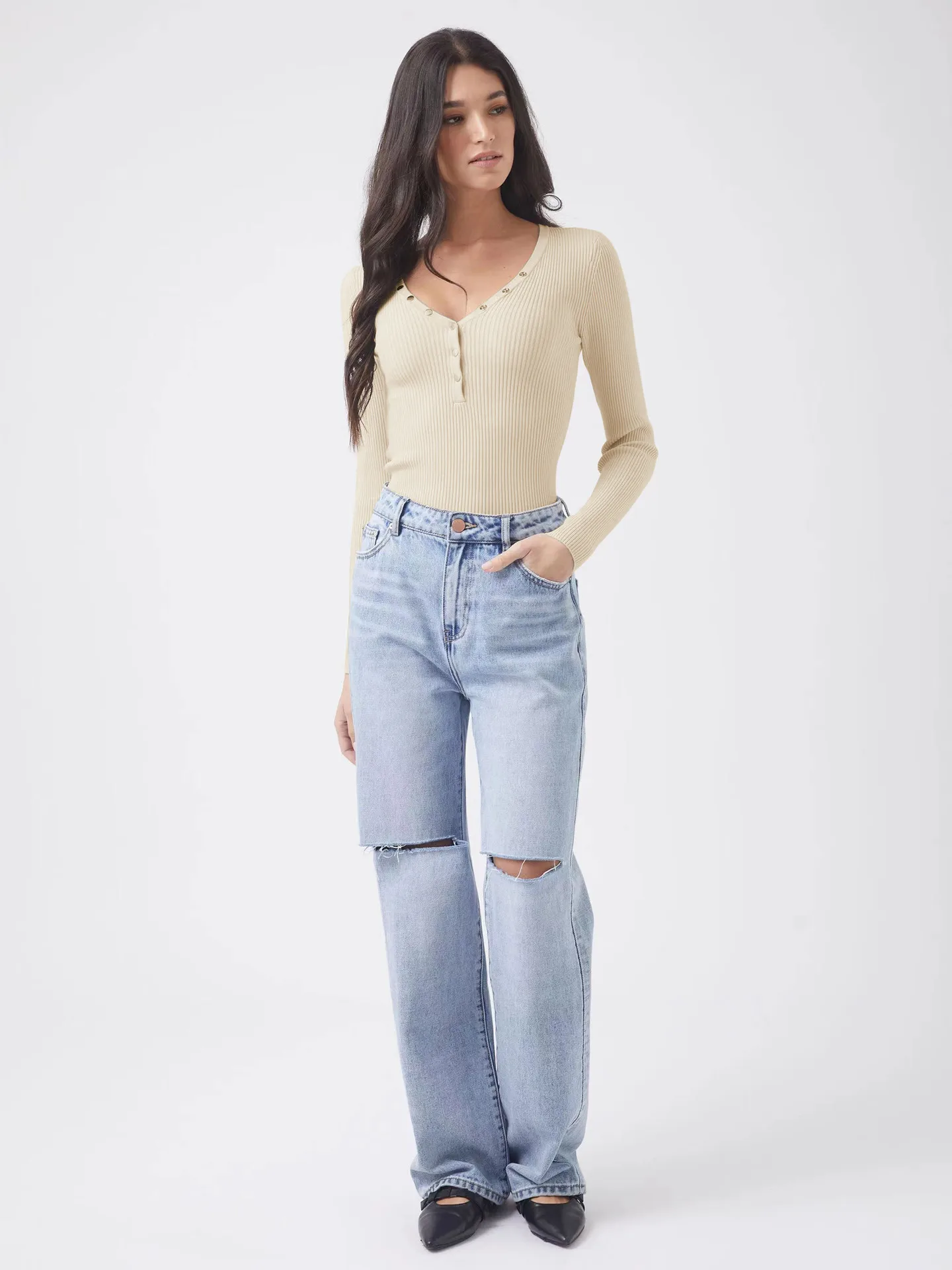 Wish Hot Selling Foreign Trade Y2K Autumn And Winter Women's V-Neck Long Sleeve  Style Threaded Button Solid Color Bm Top display picture 21