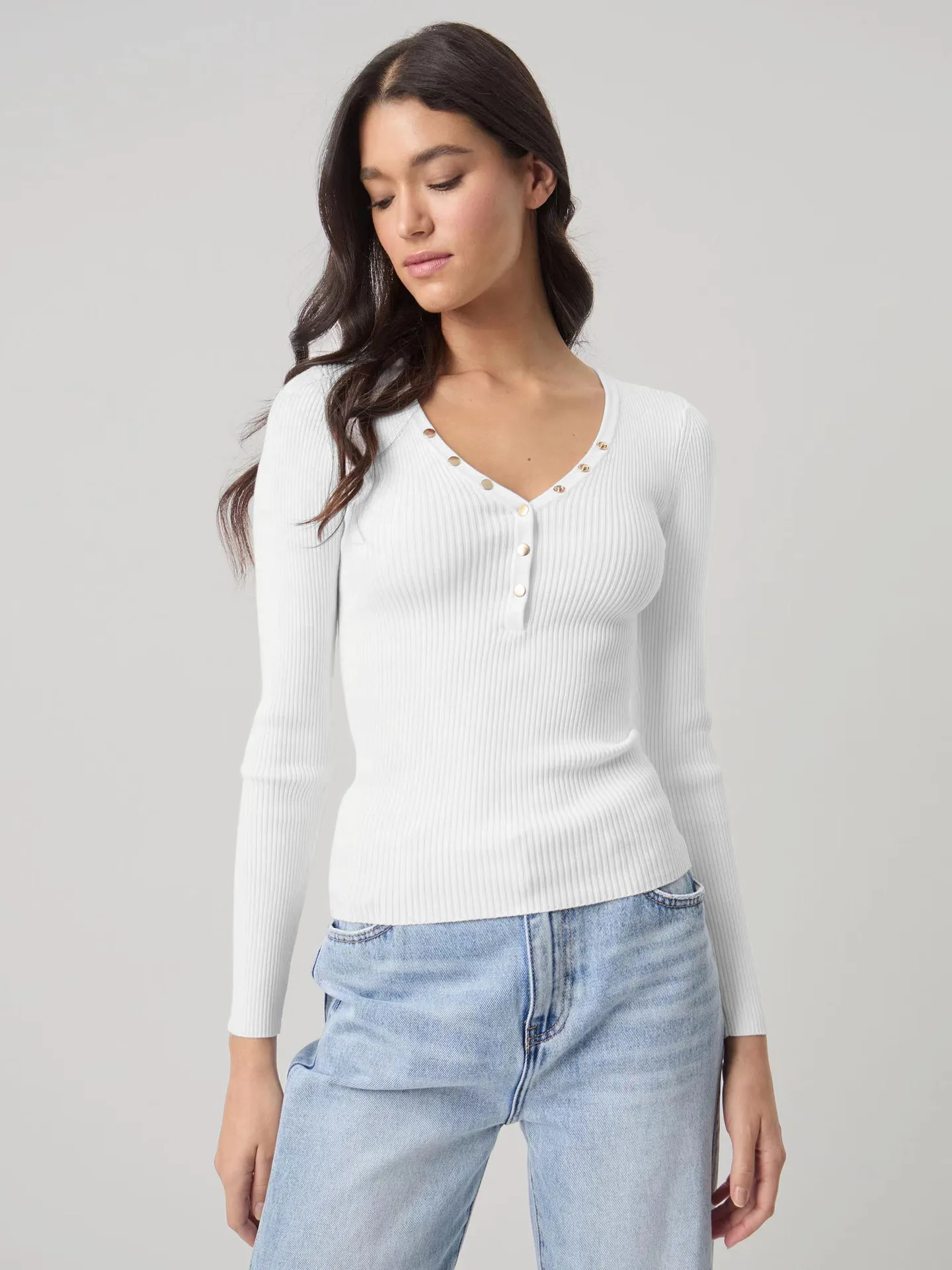 Wish Hot Selling Foreign Trade Y2K Autumn And Winter Women's V-Neck Long Sleeve  Style Threaded Button Solid Color Bm Top display picture 22
