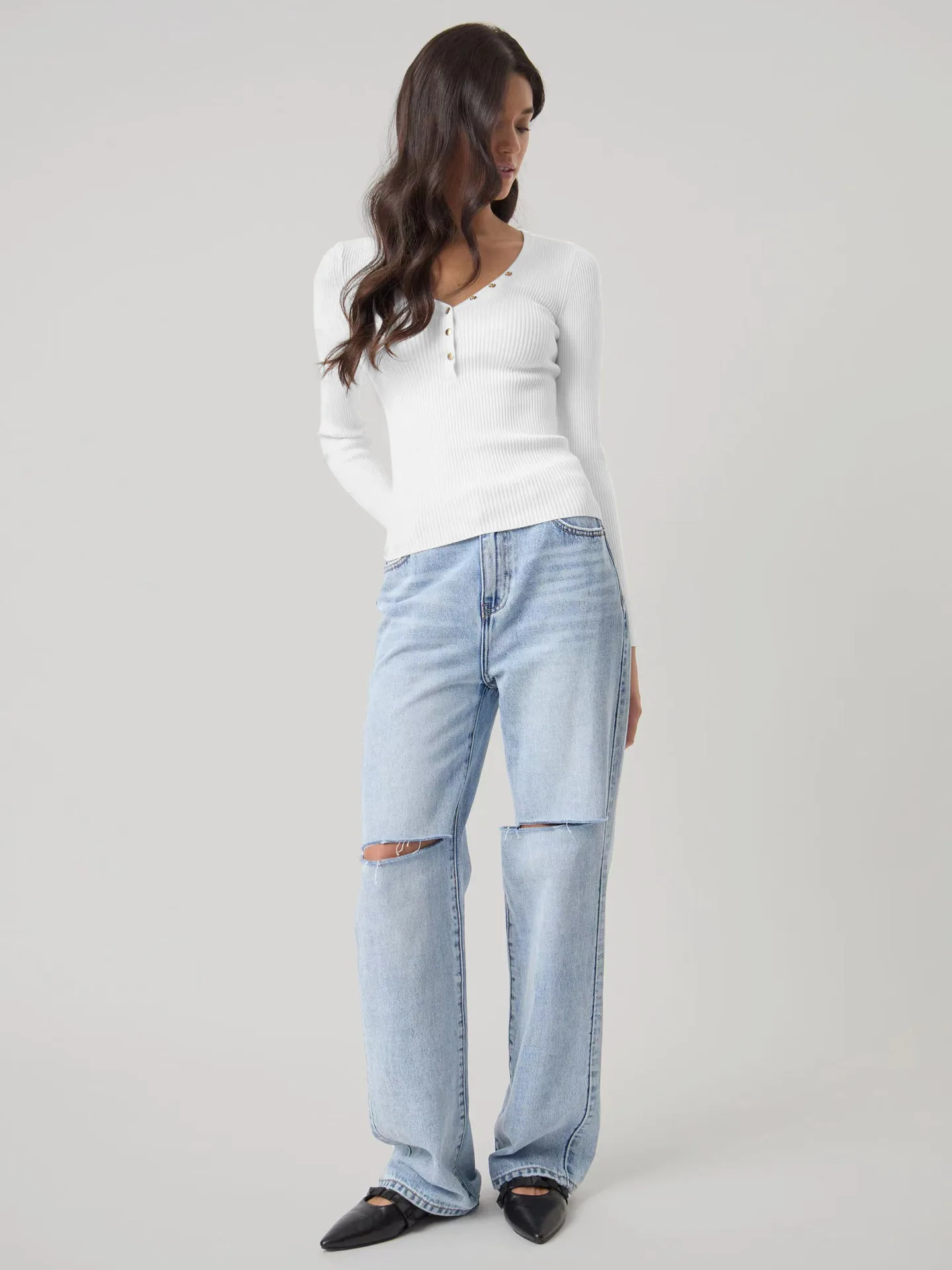 Wish Hot Selling Foreign Trade Y2K Autumn And Winter Women's V-Neck Long Sleeve  Style Threaded Button Solid Color Bm Top display picture 24