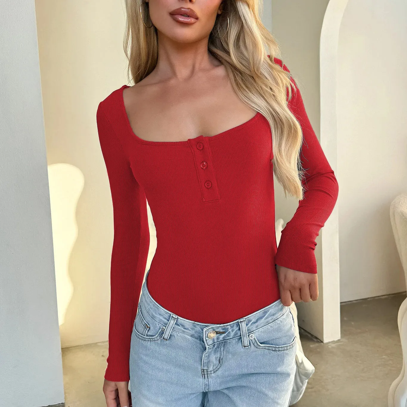 Designed Best Selling  Fashion Elegant Commuter Square Collar Button Slim-fit Slimming Long Sleeve Inner Top T-shirt Women display picture 27