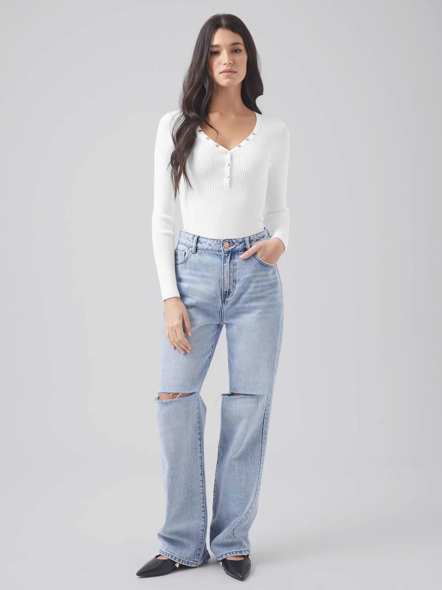 Wish Hot Selling Foreign Trade Y2K Autumn And Winter Women's V-Neck Long Sleeve  Style Threaded Button Solid Color Bm Top display picture 25