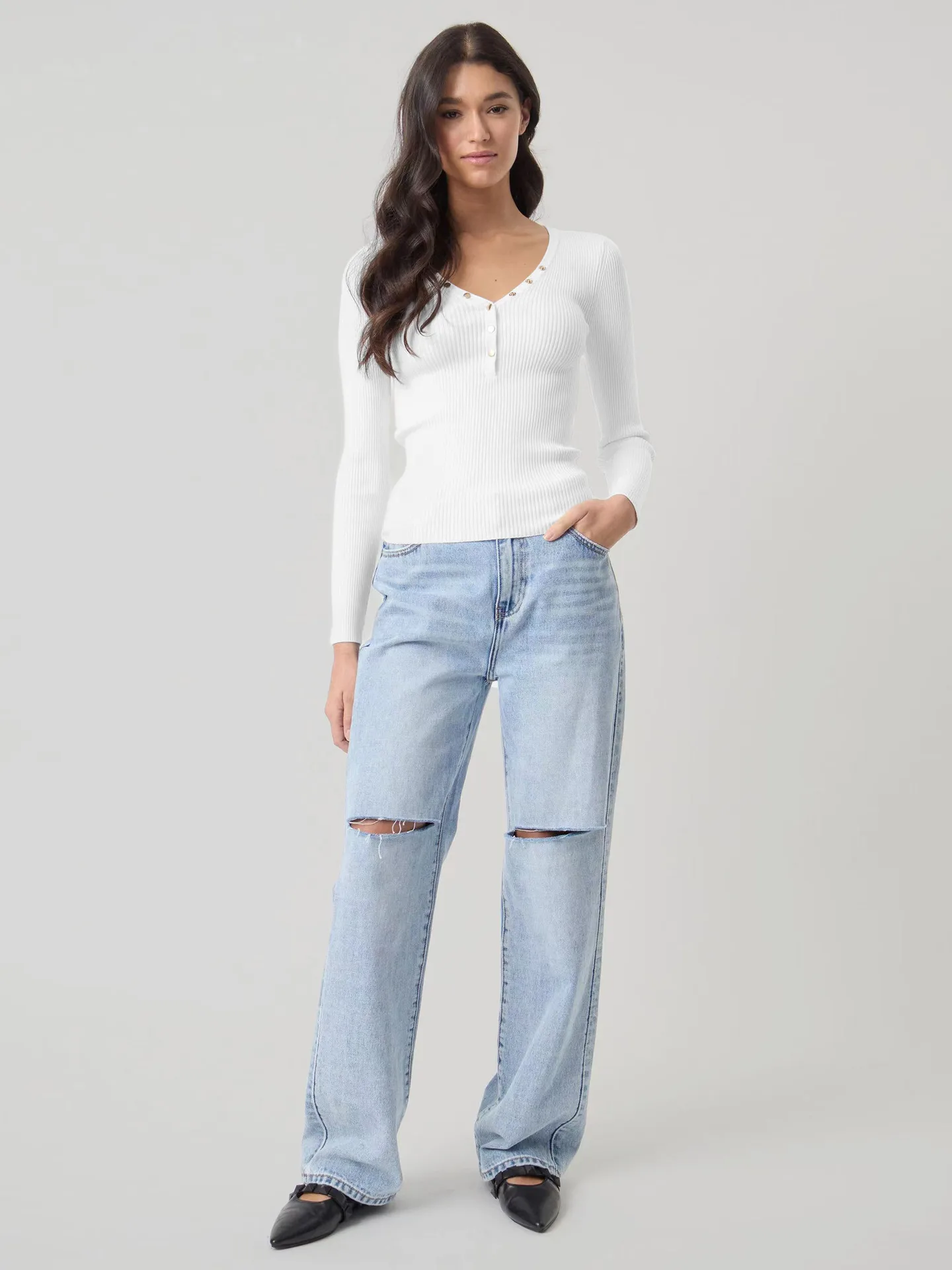 Wish Hot Selling Foreign Trade Y2K Autumn And Winter Women's V-Neck Long Sleeve  Style Threaded Button Solid Color Bm Top display picture 26
