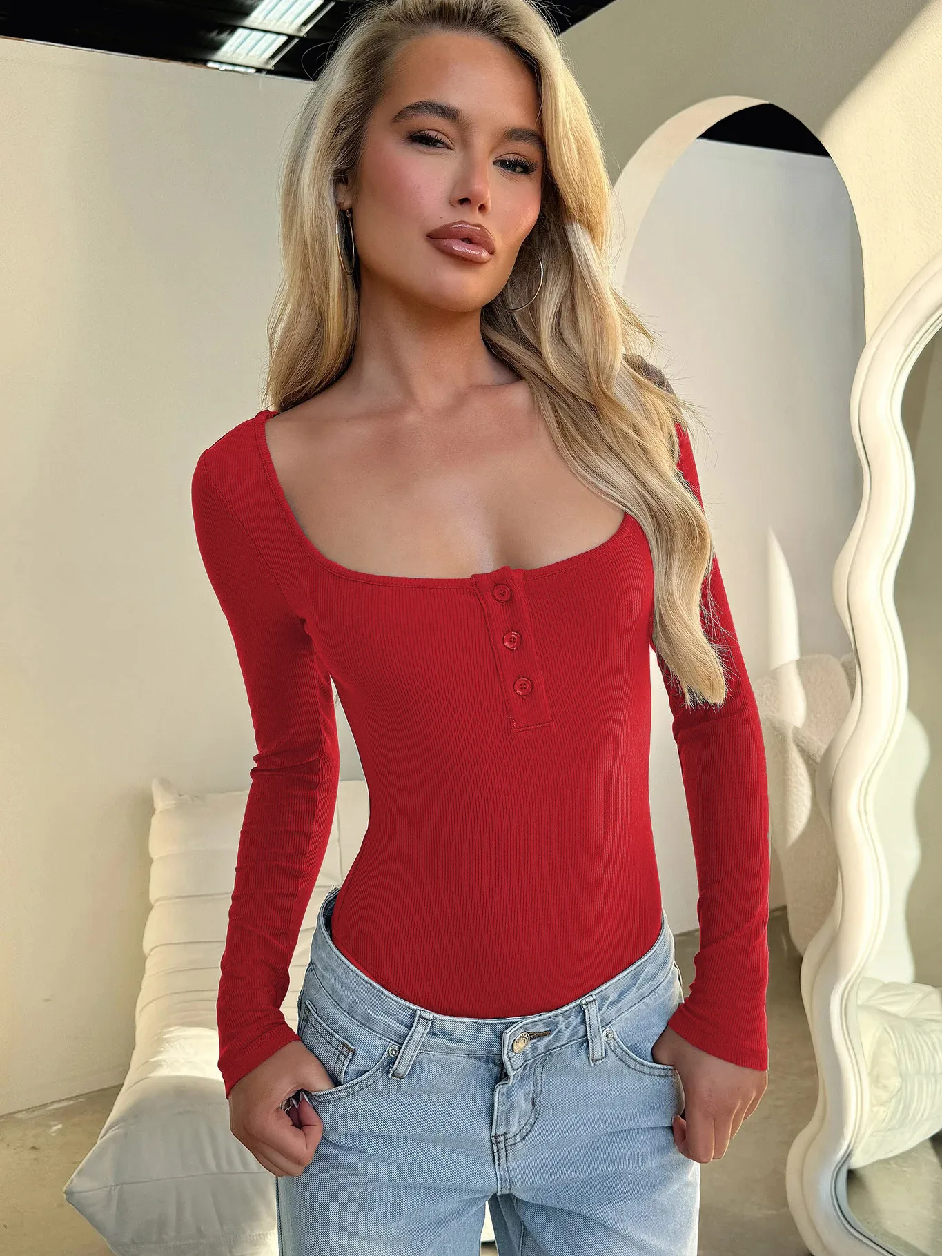 Designed Best Selling  Fashion Elegant Commuter Square Collar Button Slim-fit Slimming Long Sleeve Inner Top T-shirt Women display picture 29