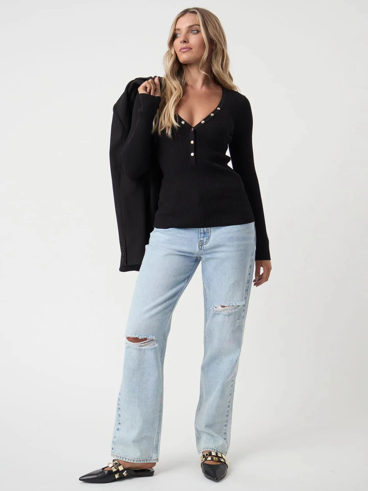 Wish Hot Selling Foreign Trade Y2K Autumn And Winter Women's V-Neck Long Sleeve  Style Threaded Button Solid Color Bm Top display picture 27