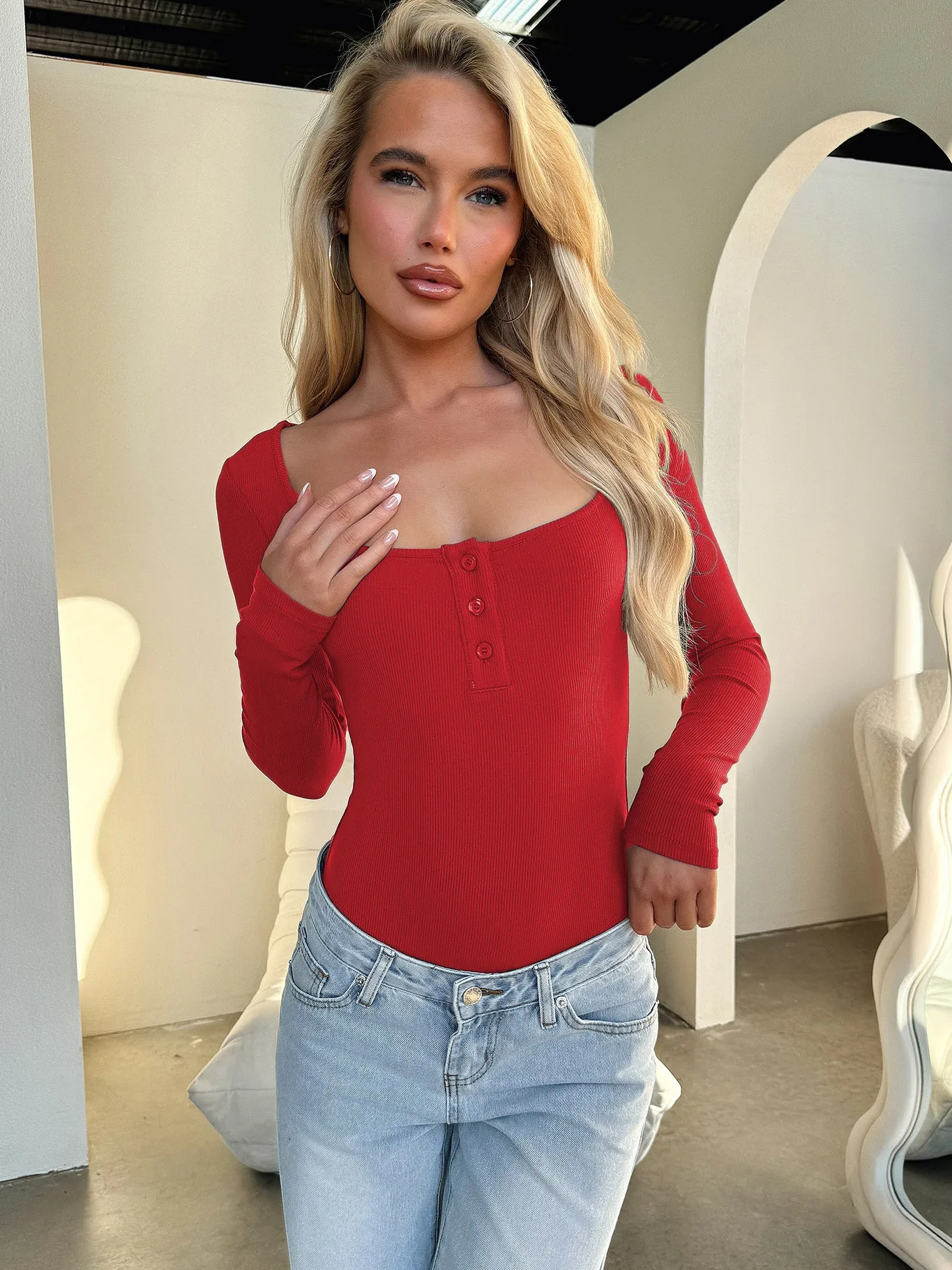 Designed Best Selling  Fashion Elegant Commuter Square Collar Button Slim-fit Slimming Long Sleeve Inner Top T-shirt Women display picture 31