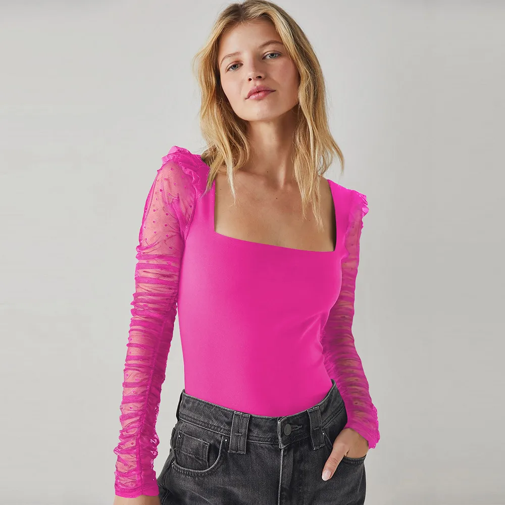 New Lace Stitching Summer Women's Summer Women's  Square Collar Shoulder T-shirt Hollow Spice Girl Top display picture 27