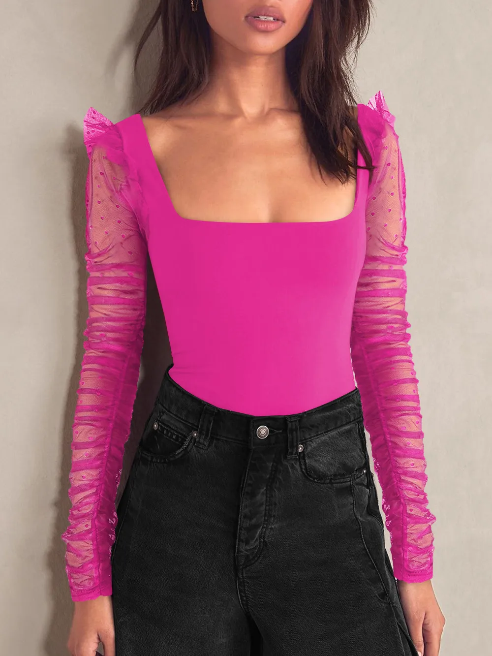 New Lace Stitching Summer Women's Summer Women's  Square Collar Shoulder T-shirt Hollow Spice Girl Top display picture 30
