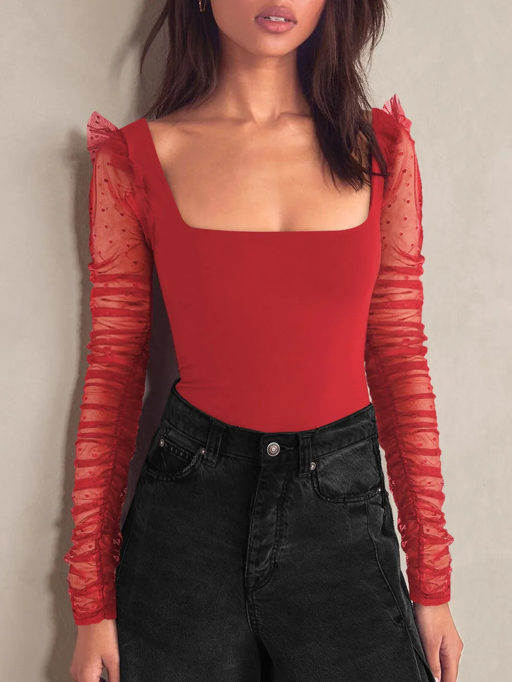 New Lace Stitching Summer Women's Summer Women's  Square Collar Shoulder T-shirt Hollow Spice Girl Top display picture 20
