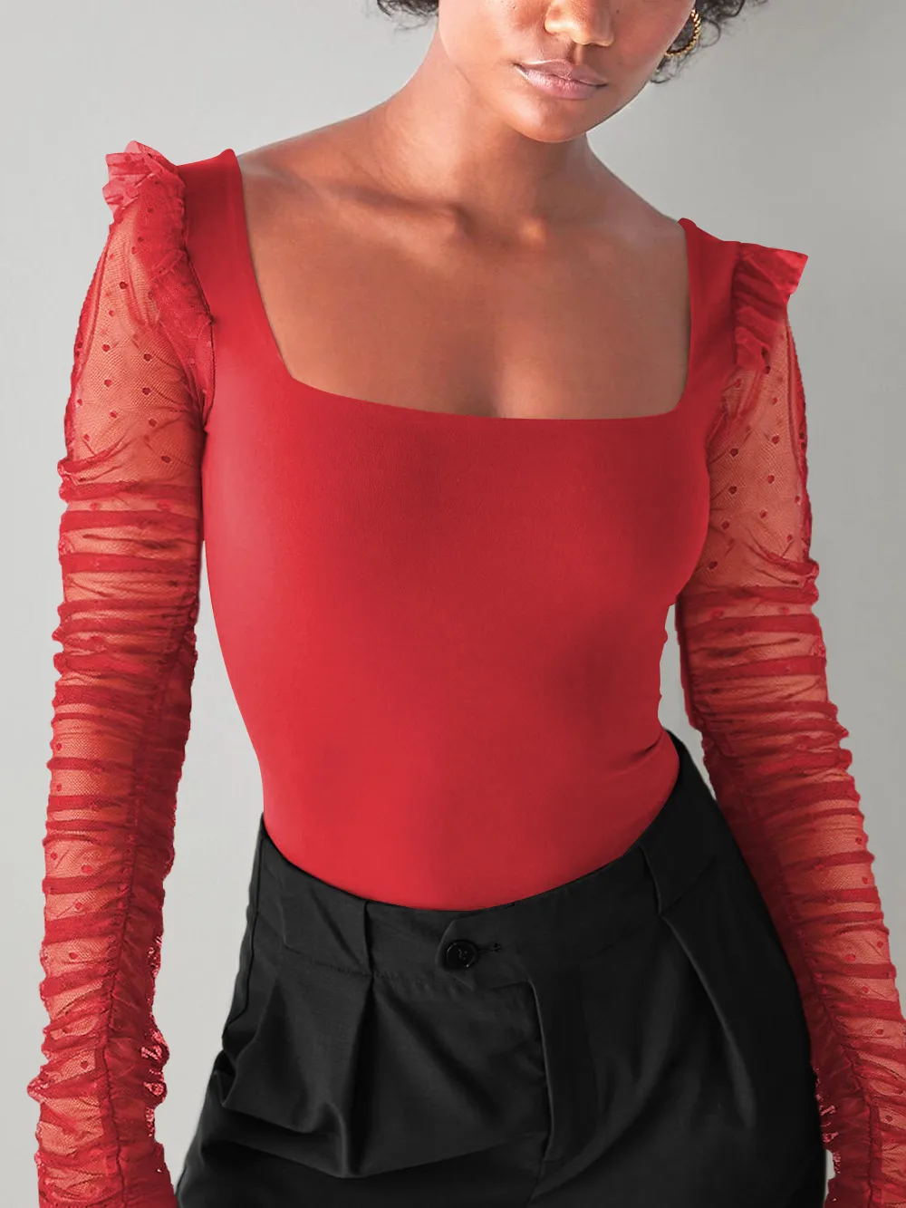 New Lace Stitching Summer Women's Summer Women's  Square Collar Shoulder T-shirt Hollow Spice Girl Top display picture 21