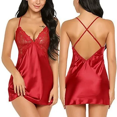 Foreign Trade Sex Underwear Sexy Imitation Ice Silk Back Cross Sling Nightdress Fun Set display picture 4