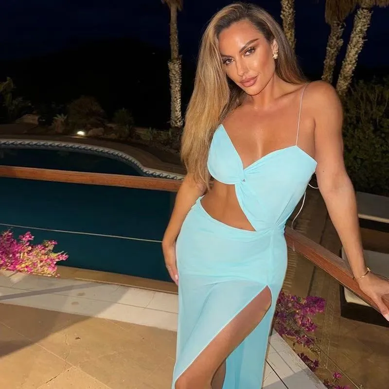 Independent Station Sling Hollow Split Dress  Women's Solid Color Sexy Slim Fit Strapless High Waist Dress 8111 display picture 6