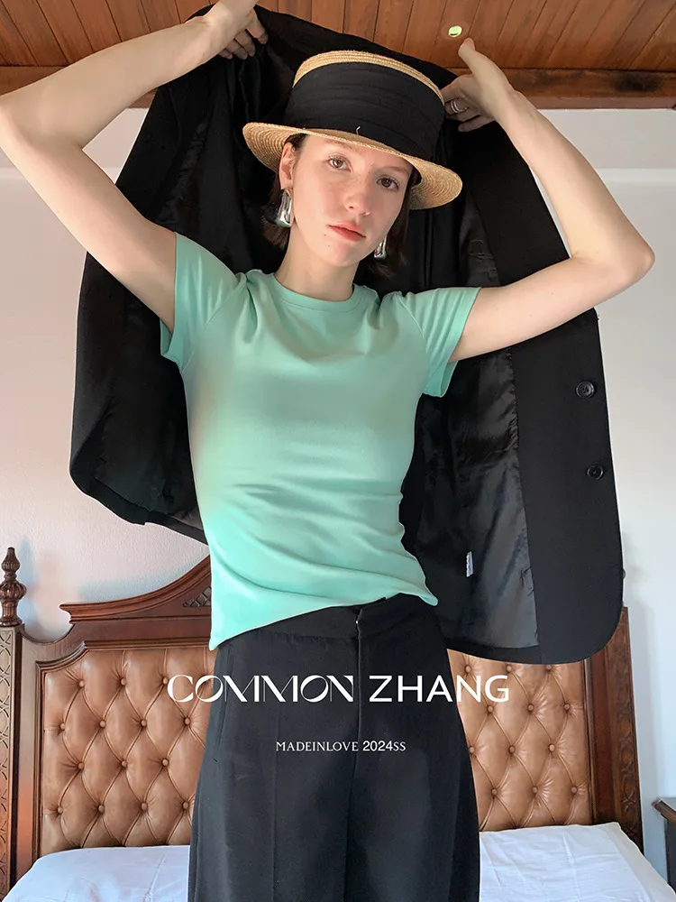 Summer CZZHANG New-style Luli-style Multi-color Niche All-match Simple Basic Short-sleeved T-shirt For Women A10099 display picture 9