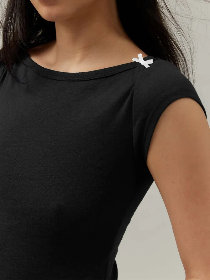 Designed   Spring And Summer New Fashion Trend Solid Color Shoulder T-shirt Bow Decoration Slim Top display picture 14