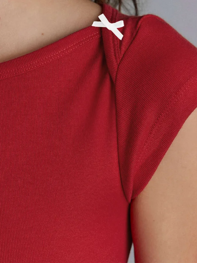 Designed   Spring And Summer New Fashion Trend Solid Color Shoulder T-shirt Bow Decoration Slim Top display picture 20
