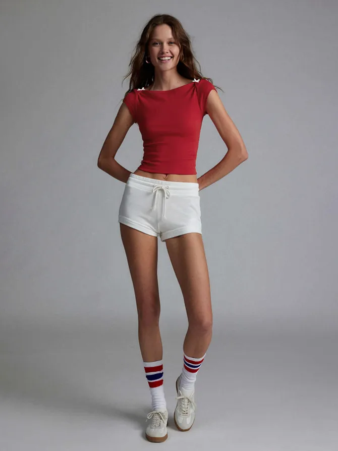 Designed   Spring And Summer New Fashion Trend Solid Color Shoulder T-shirt Bow Decoration Slim Top display picture 21