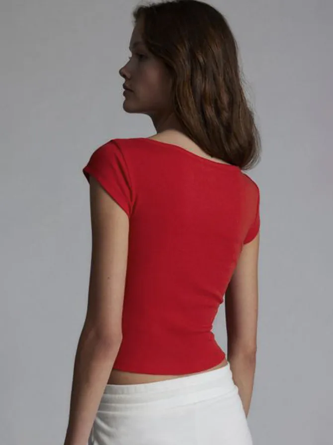 Designed   Spring And Summer New Fashion Trend Solid Color Shoulder T-shirt Bow Decoration Slim Top display picture 22