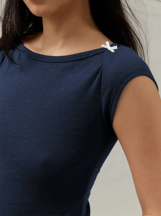 Designed   Spring And Summer New Fashion Trend Solid Color Shoulder T-shirt Bow Decoration Slim Top display picture 25