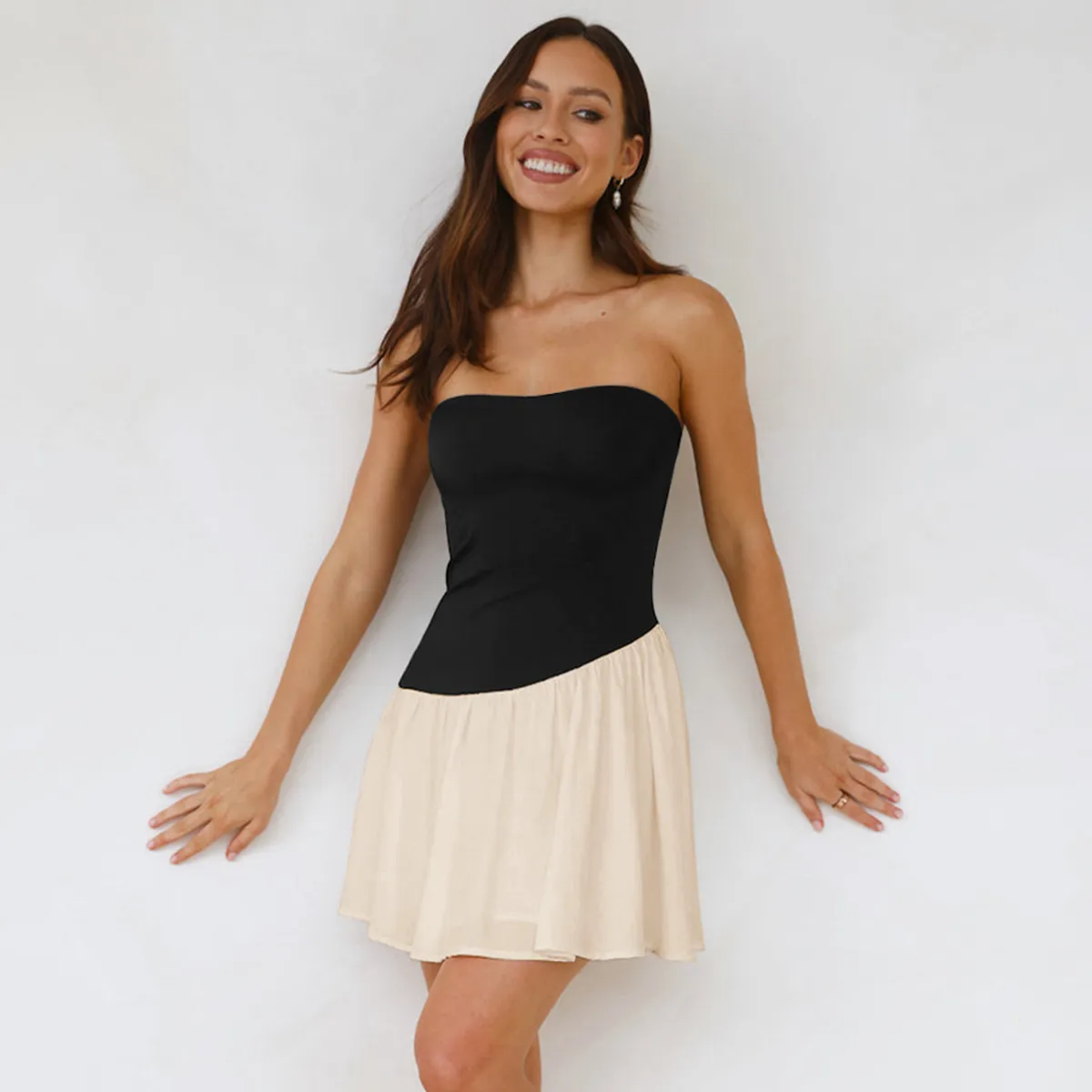 Foreign Trade New Products Hot-selling  Women's Temperament Strapless Stitching Contrast Color Slim-fit High-end Dress display picture 18