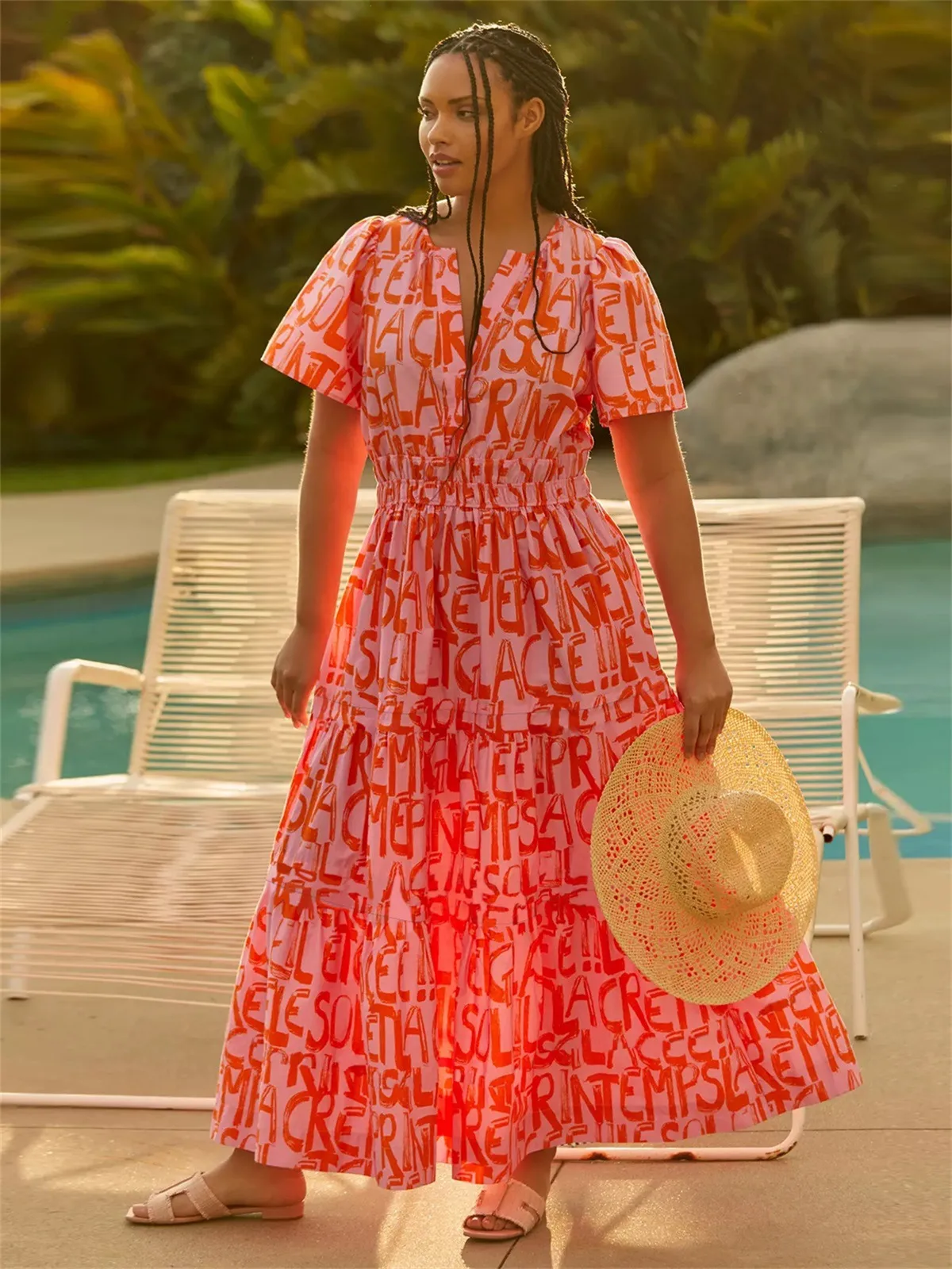 Spring And Summer New  Bohemian Style Elastic Waist V-neck Retro Digital Printing Dress display picture 11