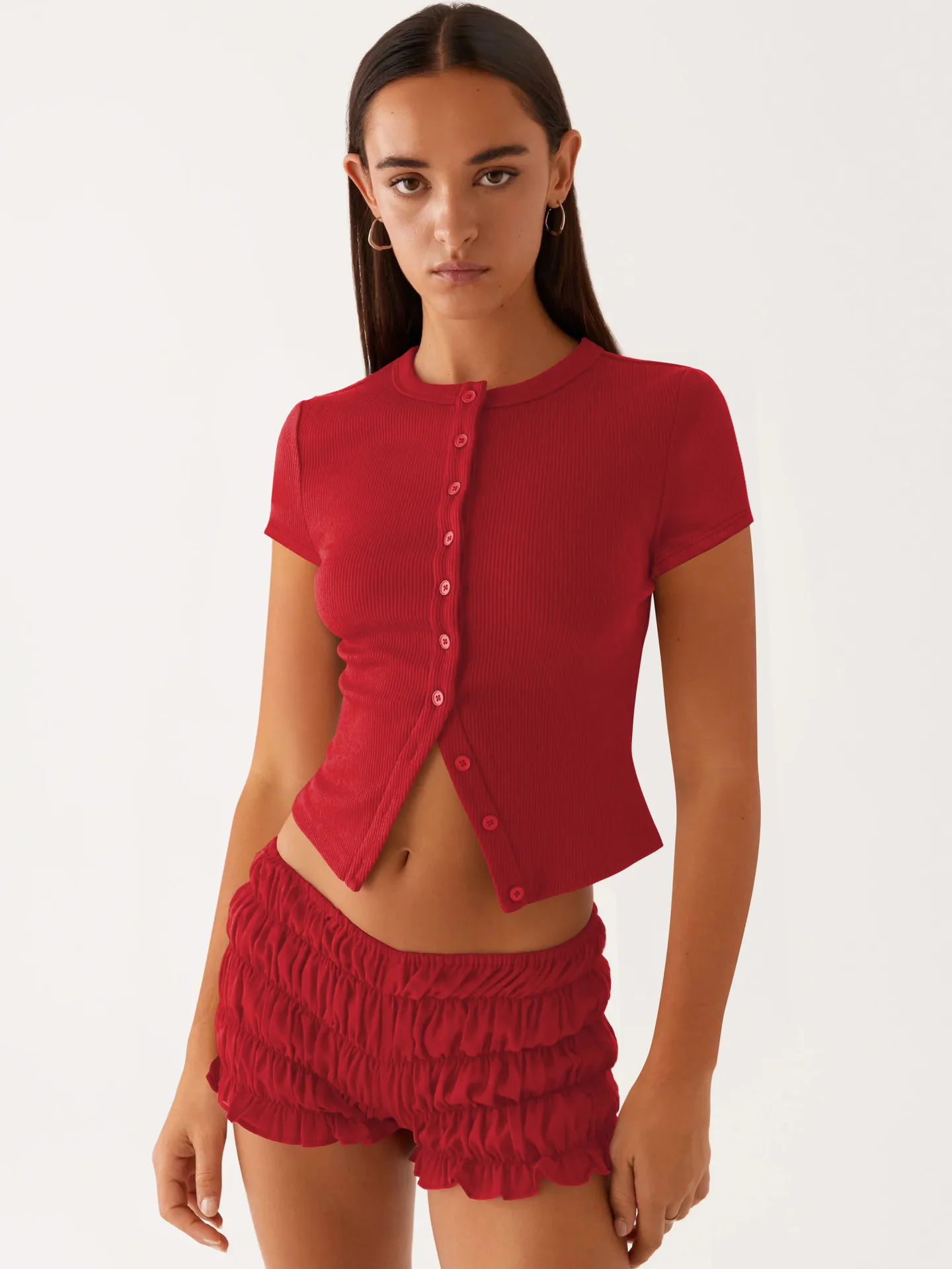 Spring And Summer New Thread Solid Color Round Neck Knitted Short-sleeved Cardigan High-end T-shirt For Women display picture 2