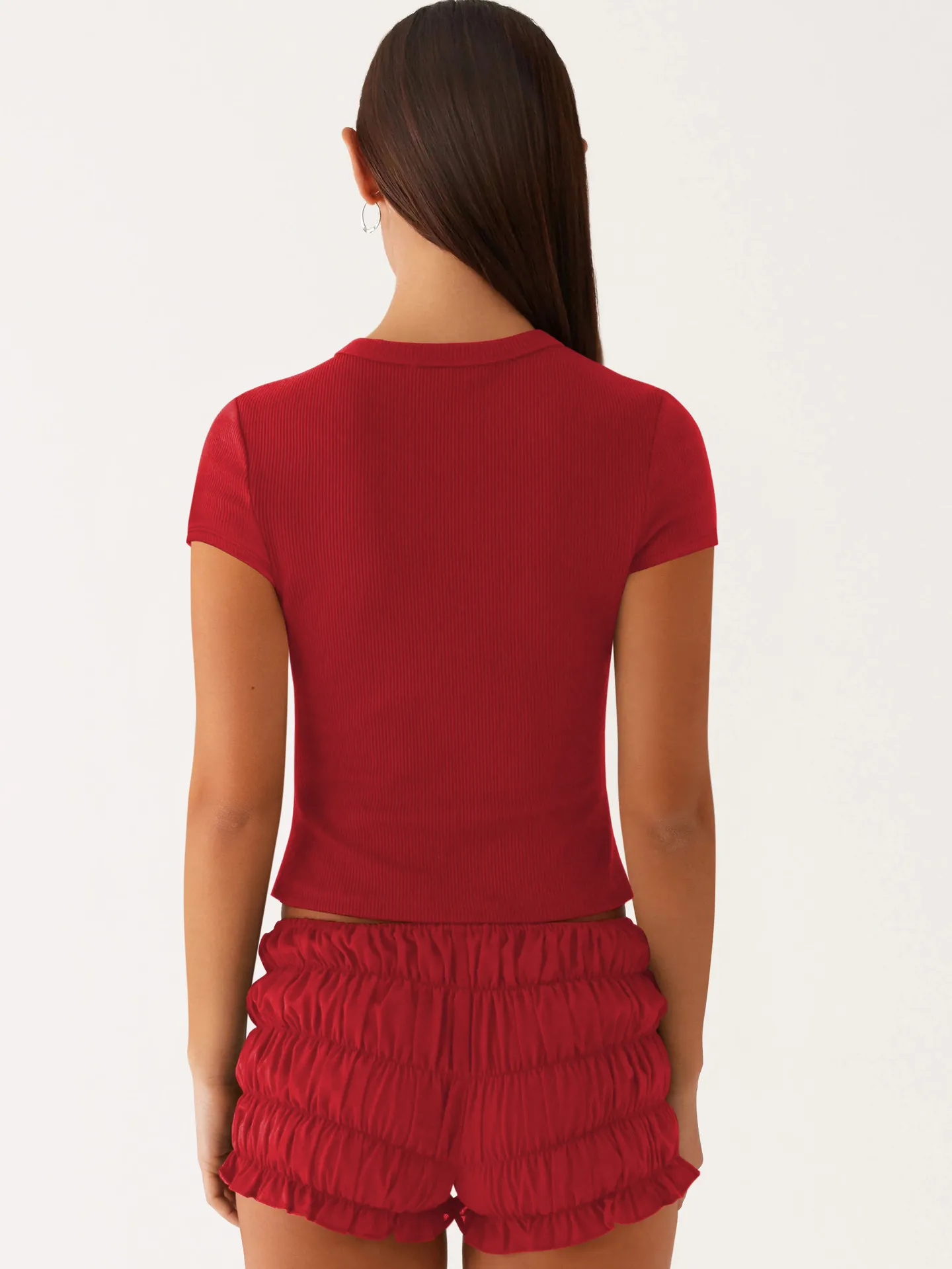 Spring And Summer New Thread Solid Color Round Neck Knitted Short-sleeved Cardigan High-end T-shirt For Women display picture 3