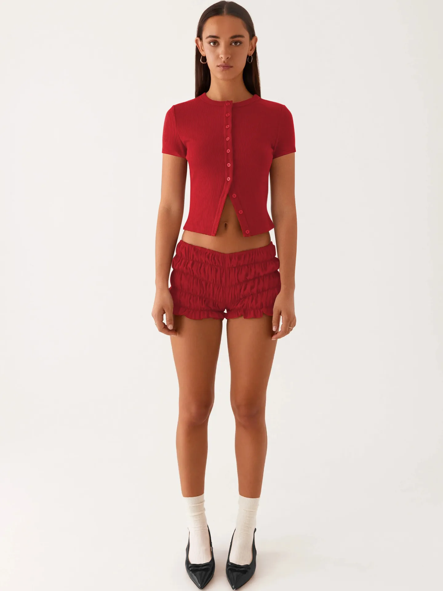 Spring And Summer New Thread Solid Color Round Neck Knitted Short-sleeved Cardigan High-end T-shirt For Women display picture 5