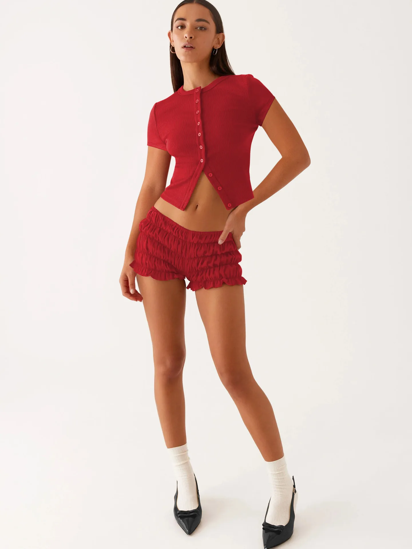 Spring And Summer New Thread Solid Color Round Neck Knitted Short-sleeved Cardigan High-end T-shirt For Women display picture 6