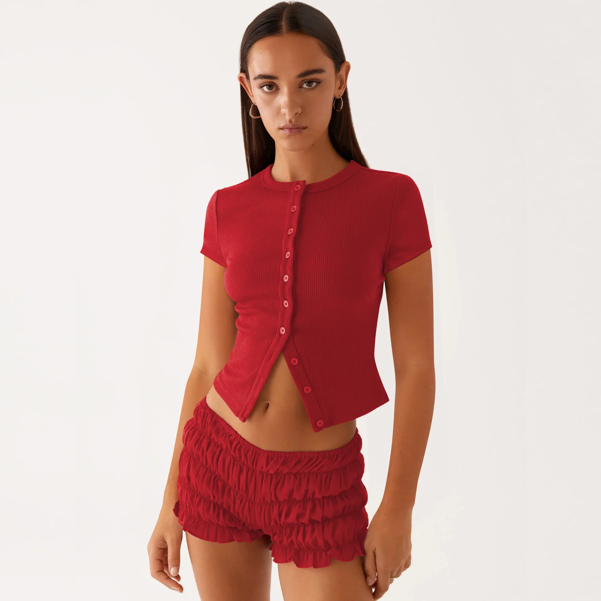 Spring And Summer New Thread Solid Color Round Neck Knitted Short-sleeved Cardigan High-end T-shirt For Women display picture 7