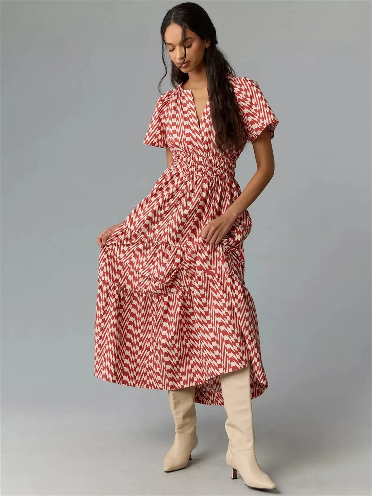 Spring And Summer New  Bohemian Style Elastic Waist V-neck Retro Digital Printing Dress display picture 26