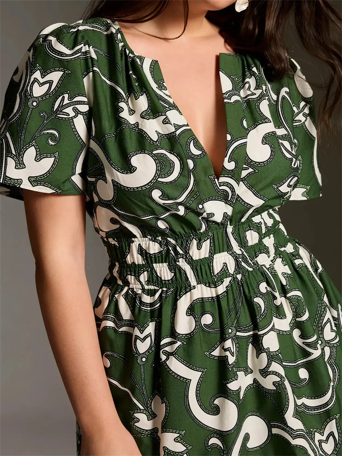 Spring And Summer New  Bohemian Style Elastic Waist V-neck Retro Digital Printing Dress display picture 28