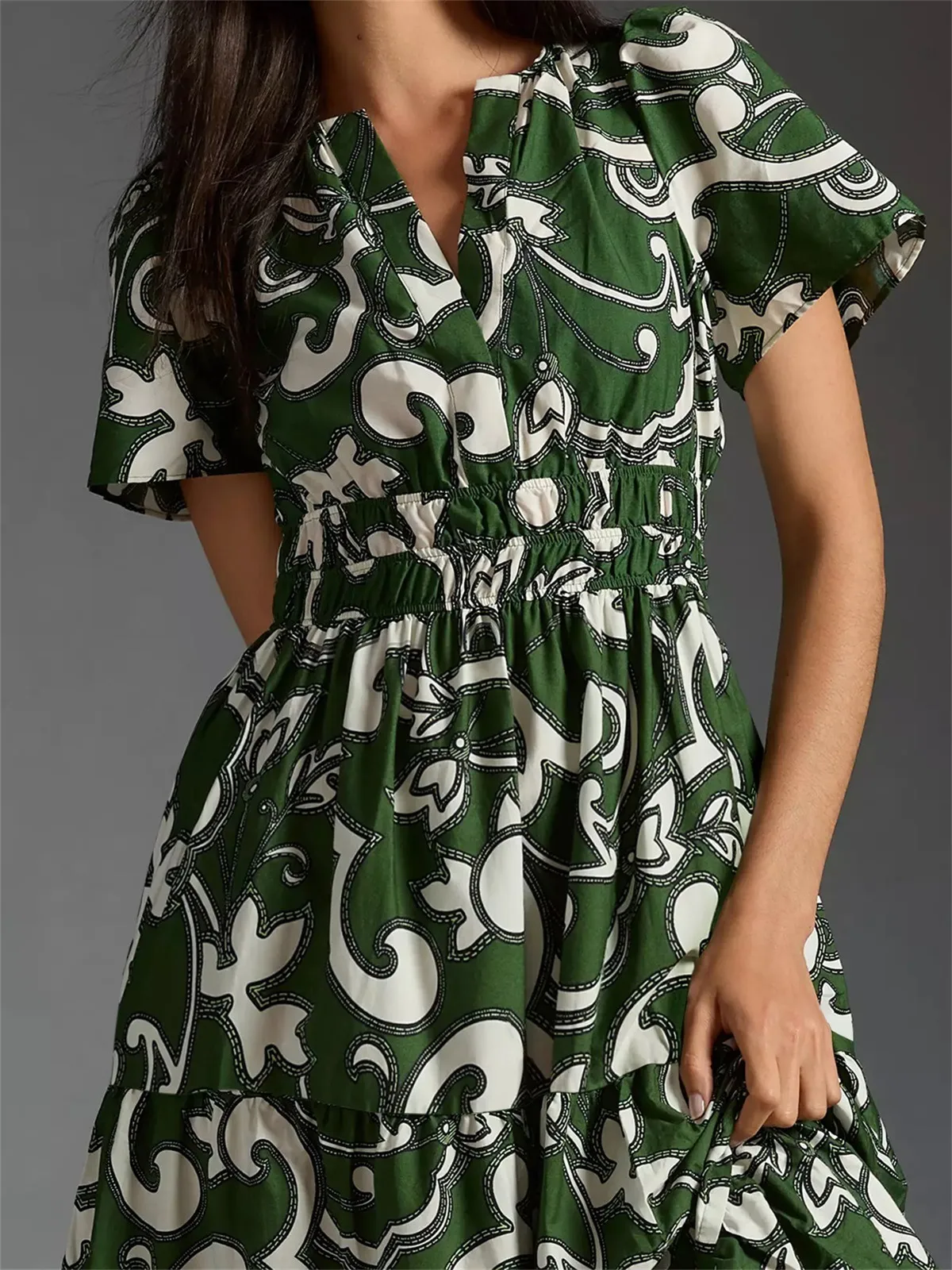 Spring And Summer New  Bohemian Style Elastic Waist V-neck Retro Digital Printing Dress display picture 29