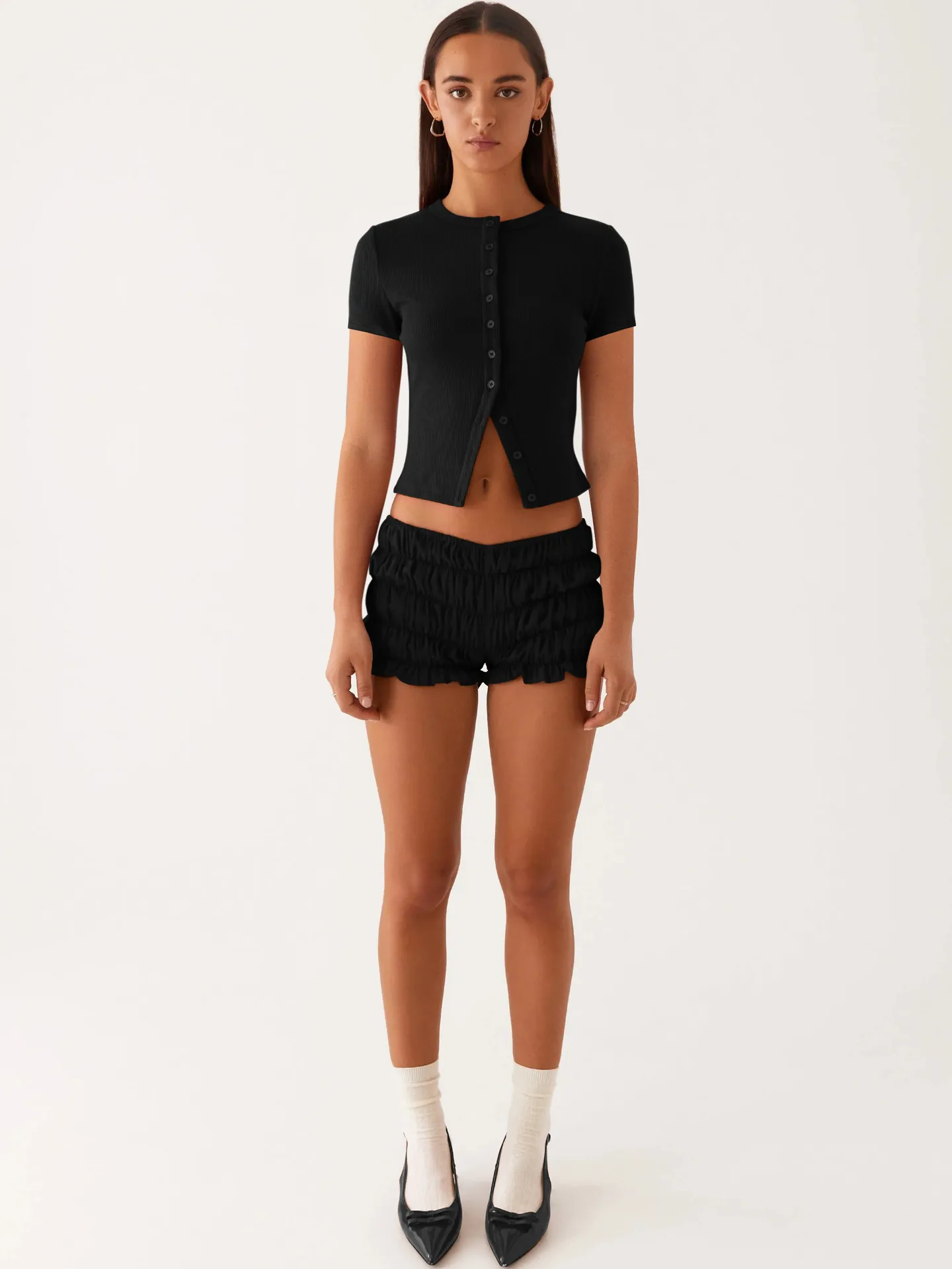 Spring And Summer New Thread Solid Color Round Neck Knitted Short-sleeved Cardigan High-end T-shirt For Women display picture 29