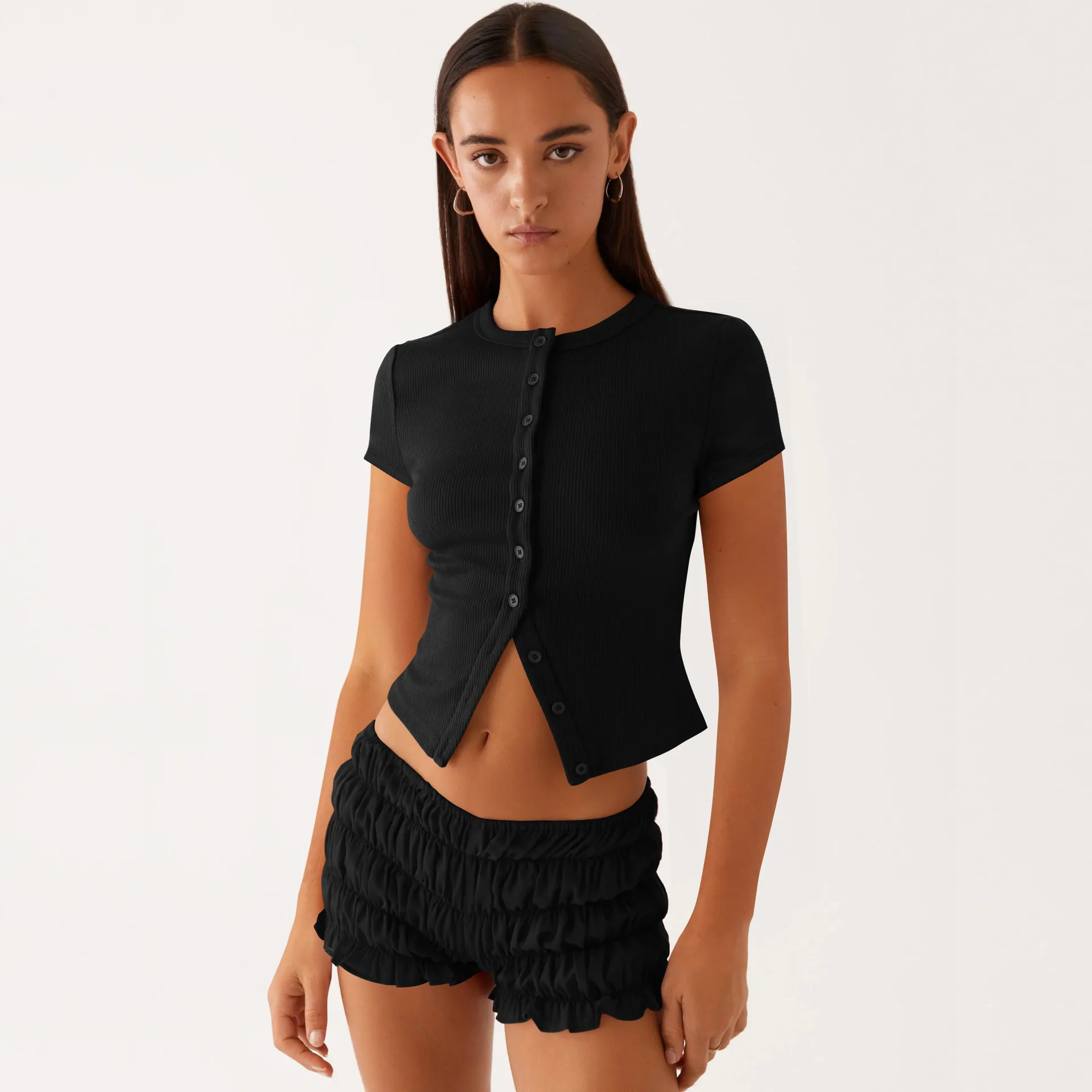 Spring And Summer New Thread Solid Color Round Neck Knitted Short-sleeved Cardigan High-end T-shirt For Women display picture 31