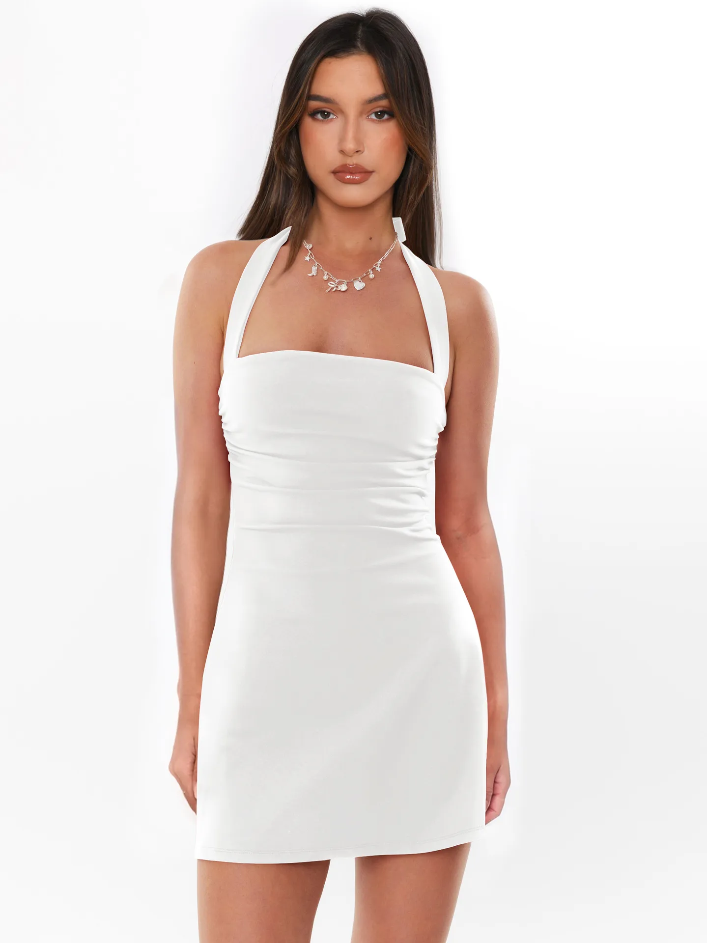 Foreign Trade Europe And The United States New Sexy Lace-up Backless Neck Pleated Short High-end Dress Spring And Summer display picture 3