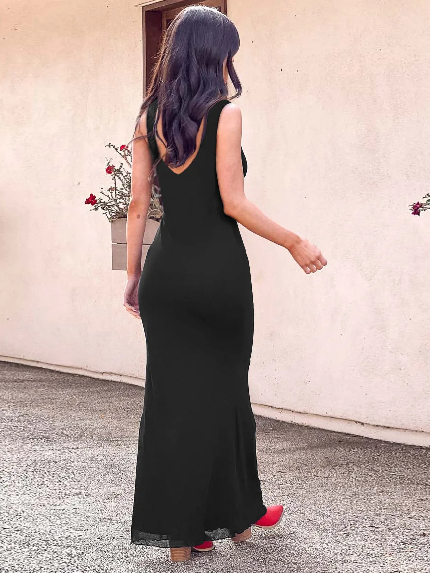 New Hot Women's  Spring And Summer Sexy Dress Slim-fit Leaky Back Long Women's Solid Color Women display picture 4
