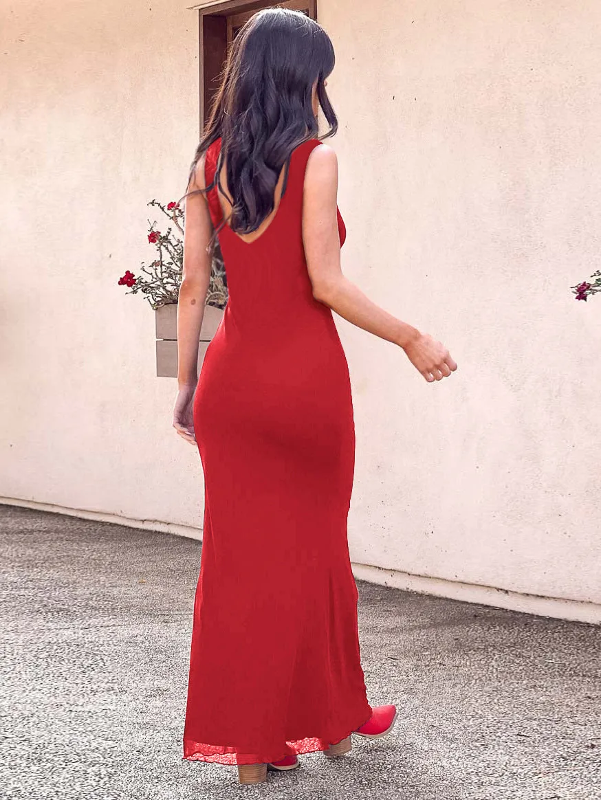 New Hot Women's  Spring And Summer Sexy Dress Slim-fit Leaky Back Long Women's Solid Color Women display picture 13