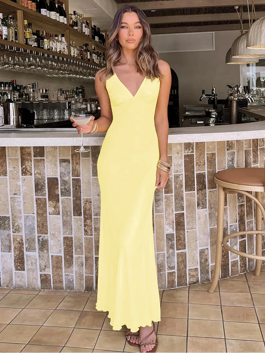 New Hot Women's  Spring And Summer Sexy Dress Slim-fit Leaky Back Long Women's Solid Color Women display picture 14