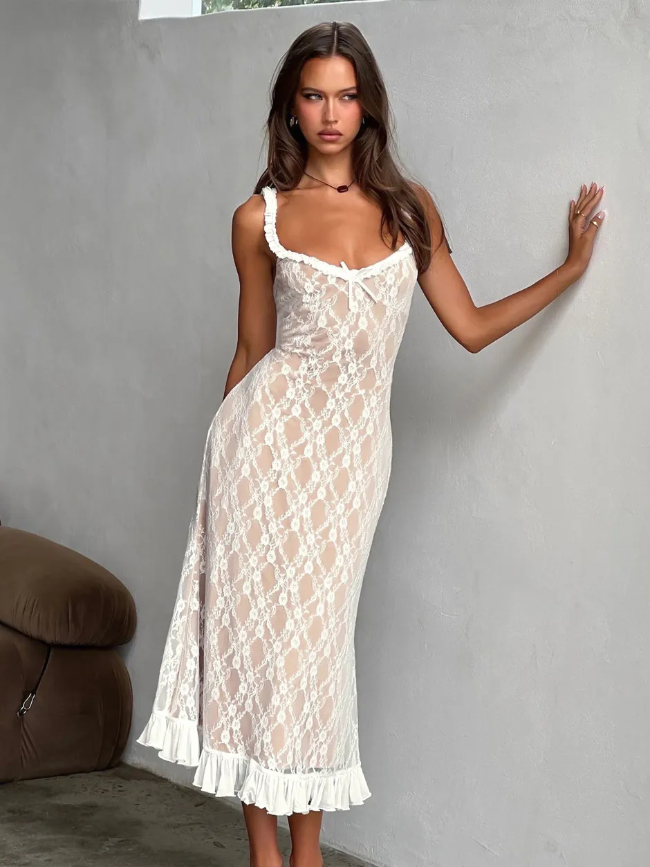 New Summer French Style Retro Sexy Lace Slip Dress Spice Girls Pure Want High Waist Slimming Sheath Long Dress For Women display picture 9